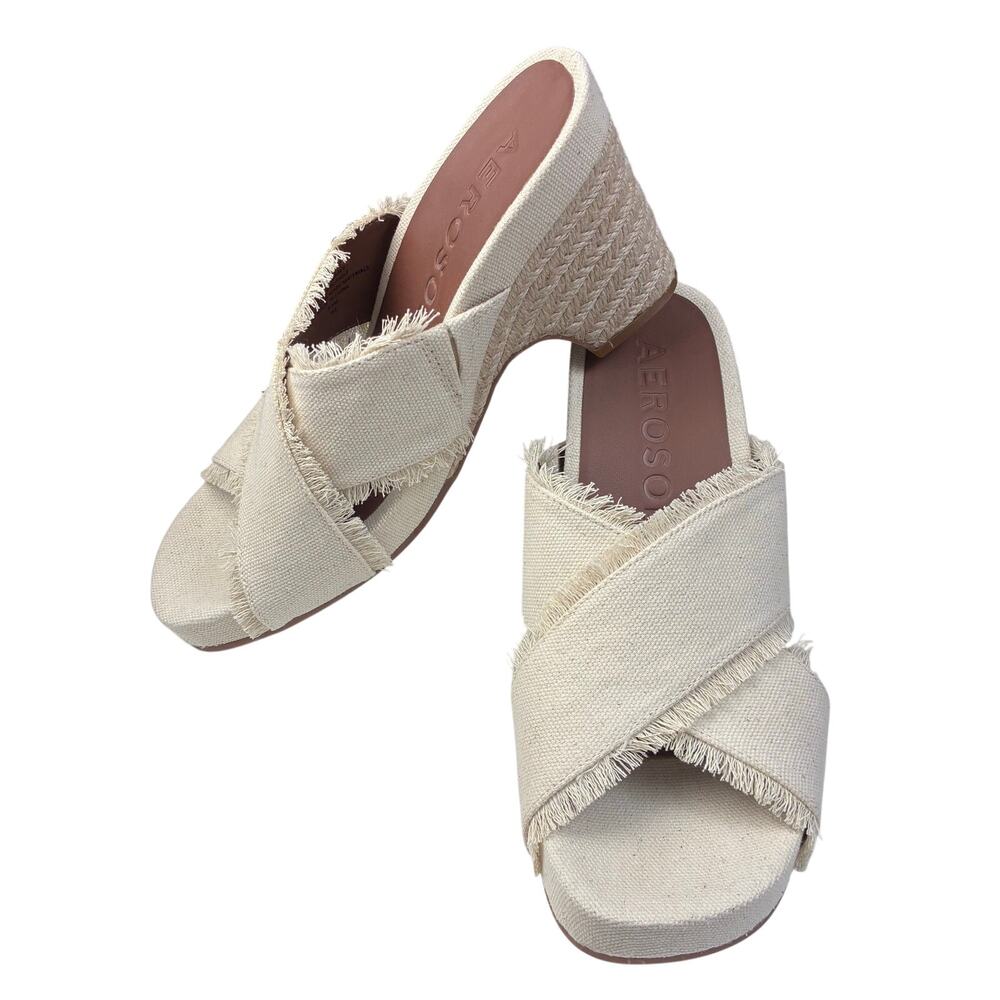 Aerosoles Madina Wedge Sandals Women's 9.5 Sand Raffia Rope Frayed Hem Open Toe